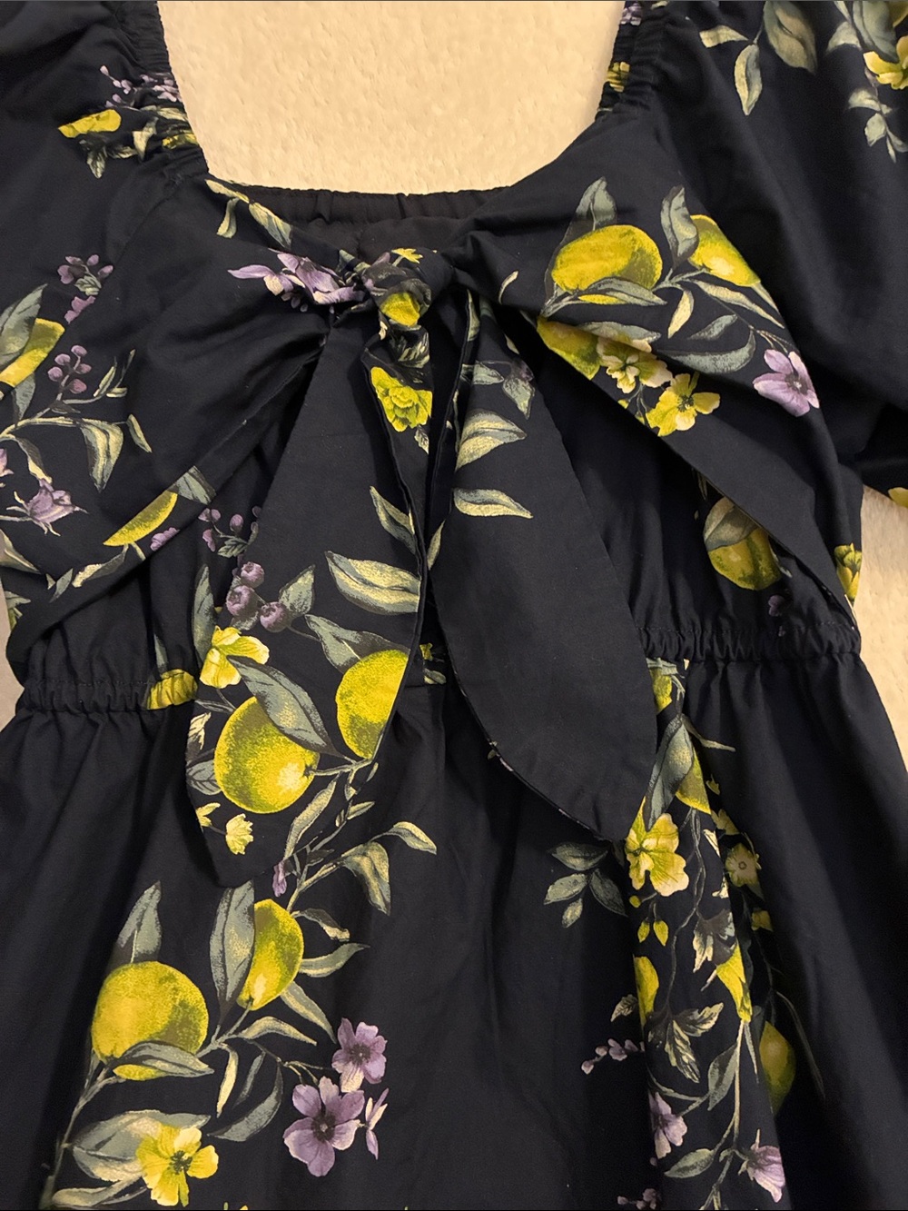 Time and Tru Navy Lemon Floral Puff-Sleeve Dress - Picture 3 of 6